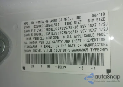 2010 Acura Rdx from USA, damaged, VIN 5J8TB1H51AA006965